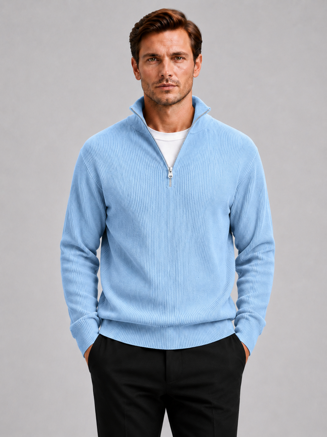 Men's ribbed stand-collar quarter-zip sweater in light blue — additional view