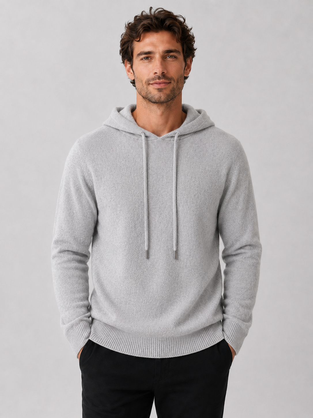 Men's hooded knit pullover sweater in light gray — additional view