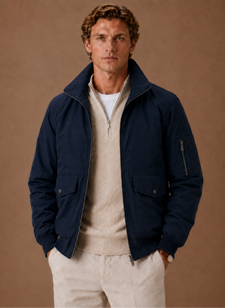 Men's hooded zip bomber jacket in dark blue — detail view