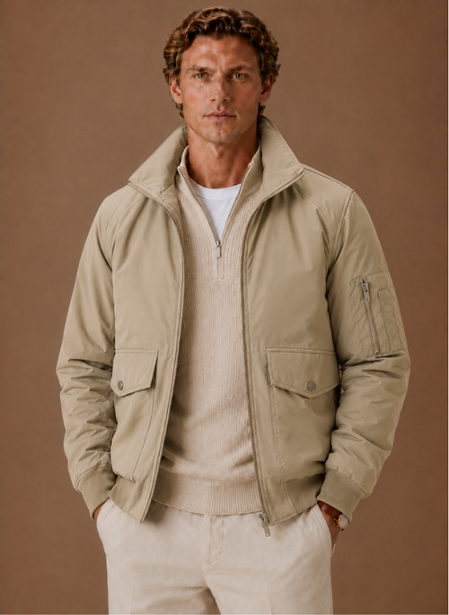 Men's hooded zip bomber jacket in beige