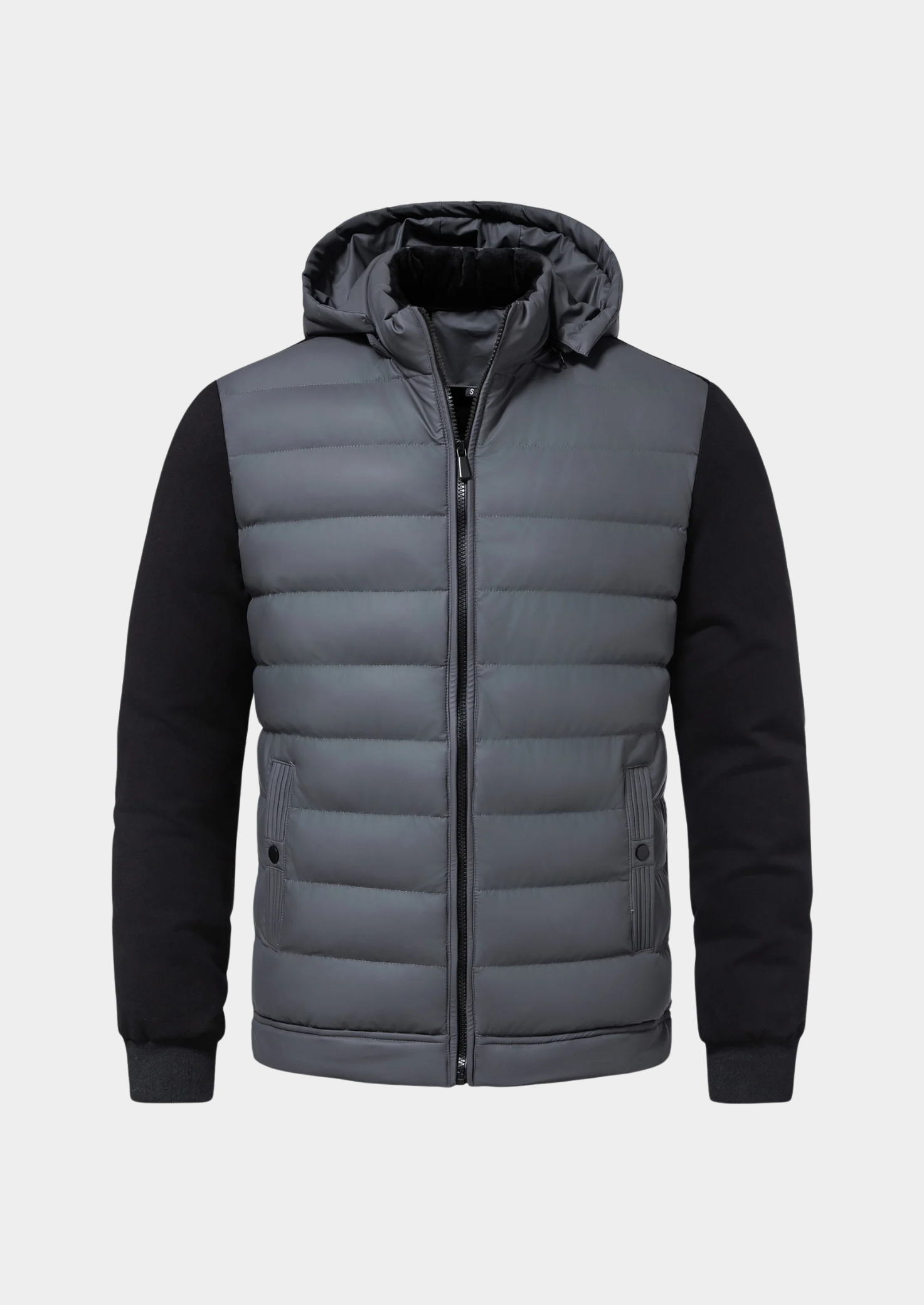 Men's contrast sleeve hooded puffer jacket in gray — detail view