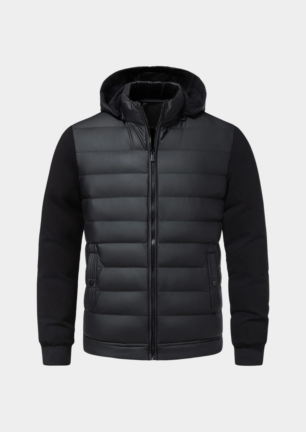 Men's contrast sleeve hooded puffer jacket in black