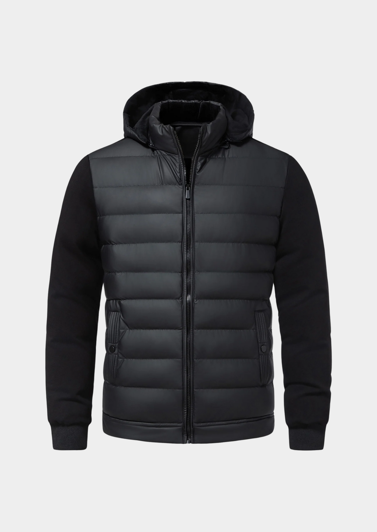 Men's contrast sleeve hooded puffer jacket in black