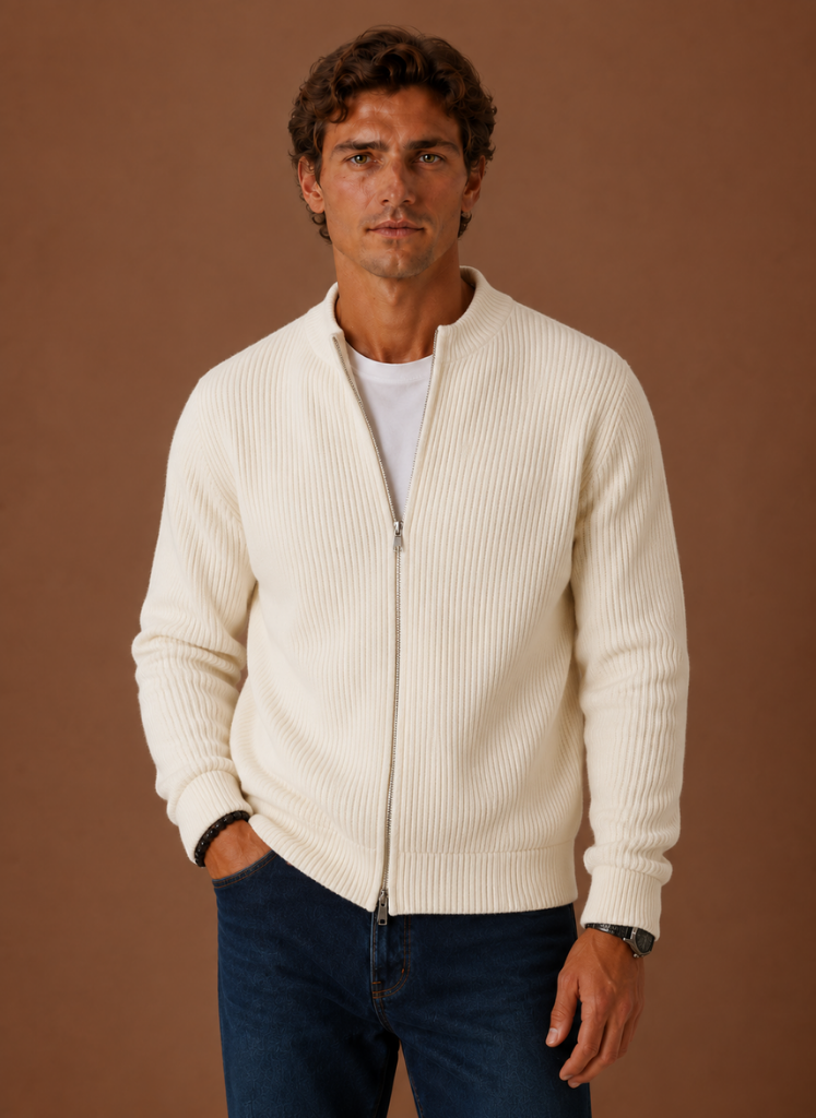 Men's zip-up ribbed cardigan in apricot