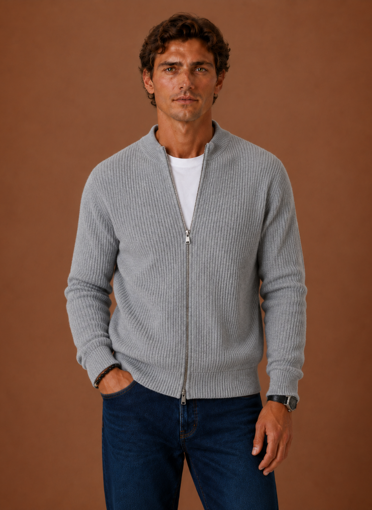 Men's zip-up ribbed cardigan in grey — detail view