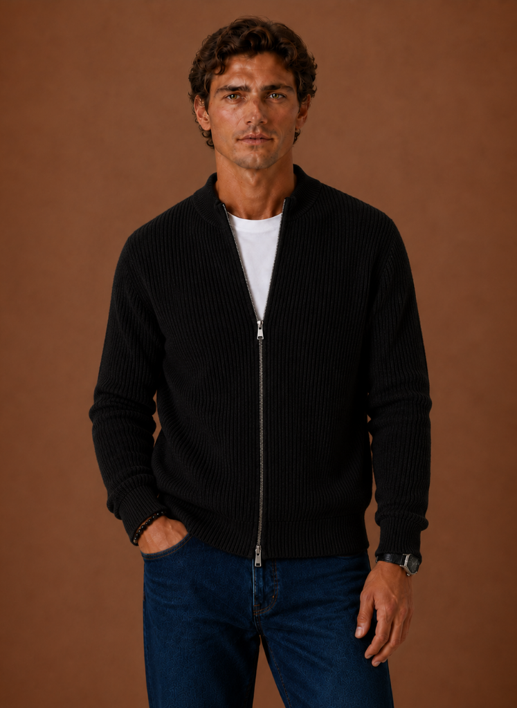 Men's zip-up ribbed cardigan in black — additional view