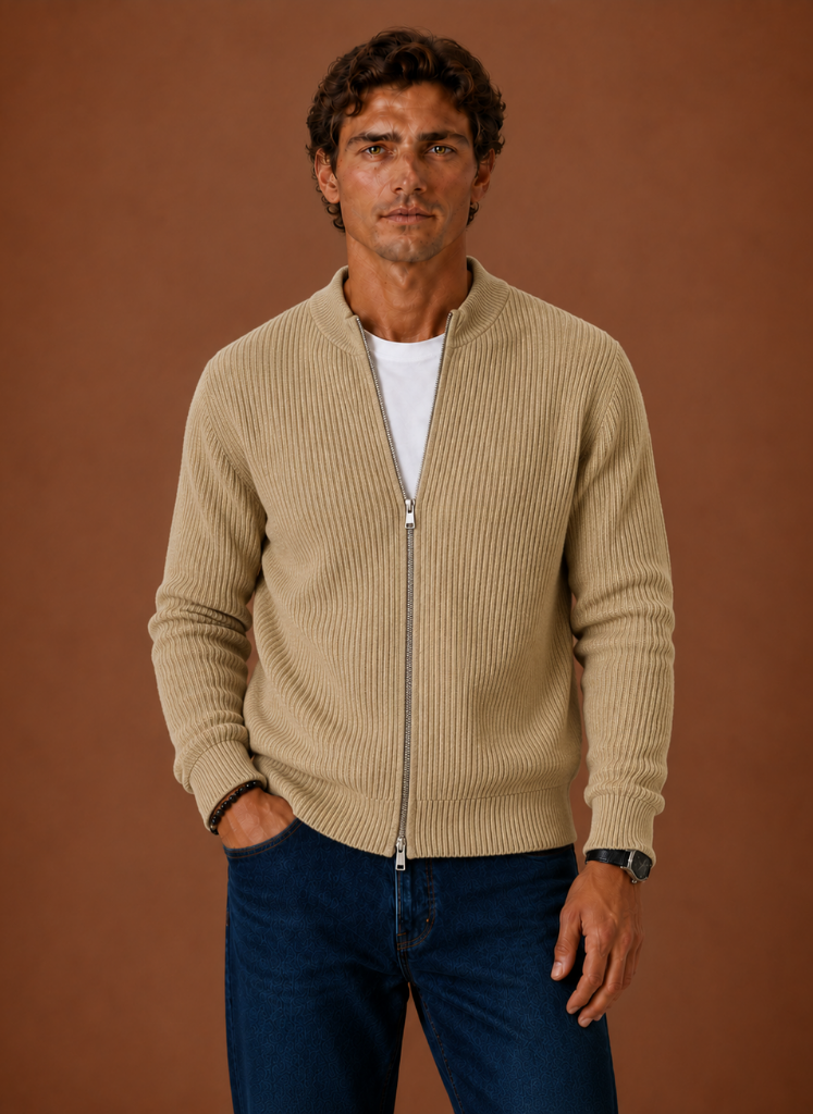 Men's zip-up ribbed cardigan in khaki — additional view