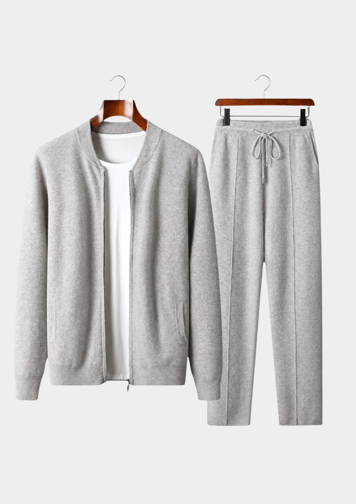 Men's two-piece ribbed drawstring pants set in light gray — additional view