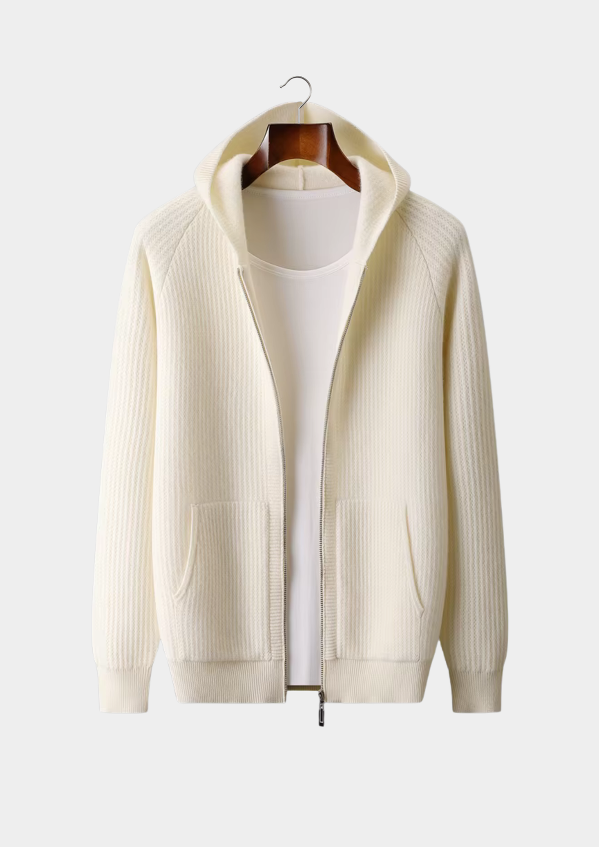 Men's zip-up waffle-knit hoodie in cream white — additional view