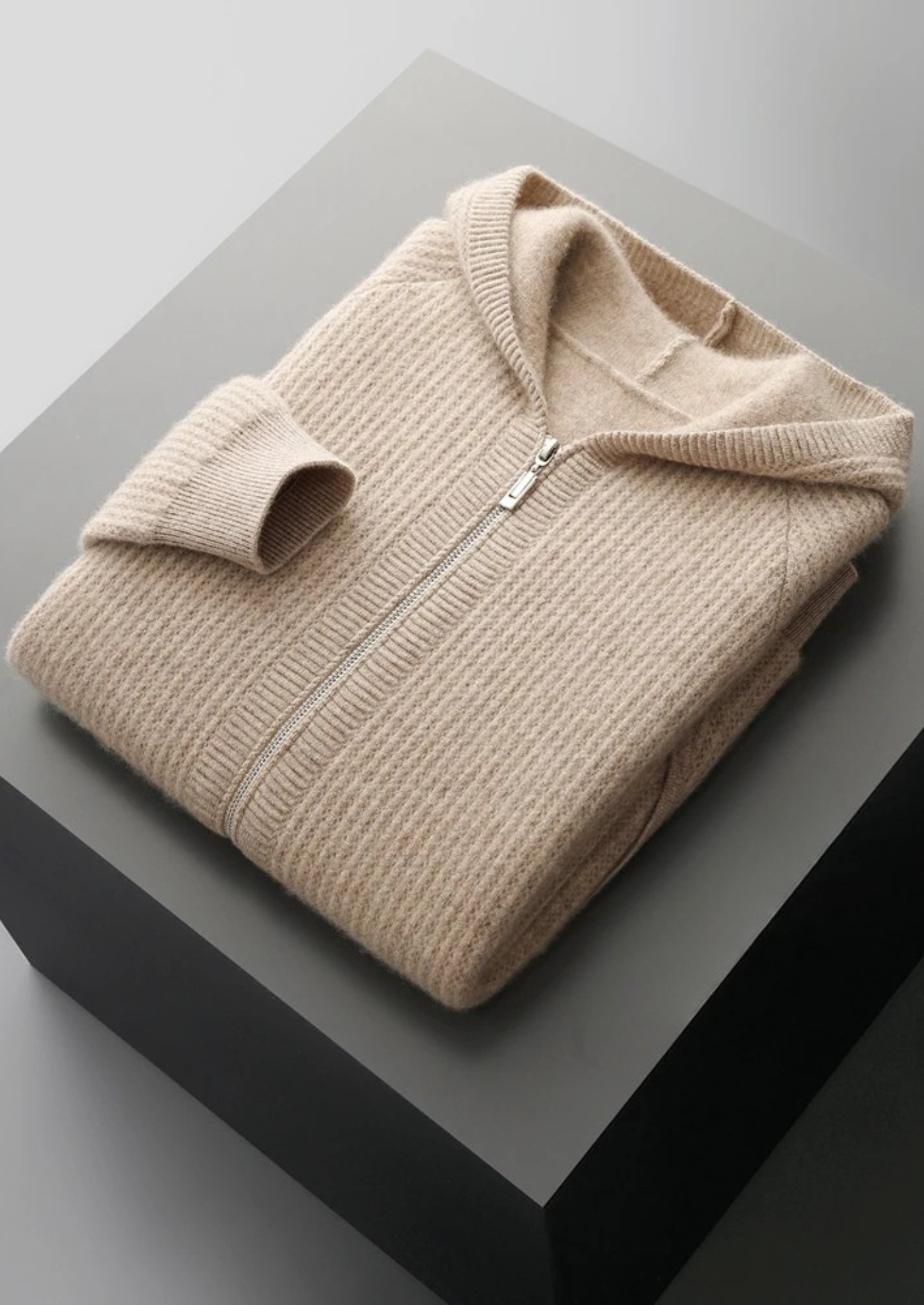 Men's zip-up waffle-knit hoodie — detail view