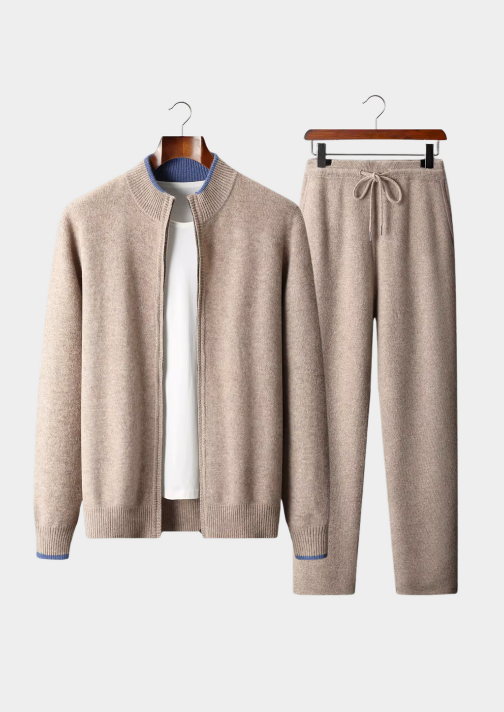 Men's two-piece drawstring sweater set in beige