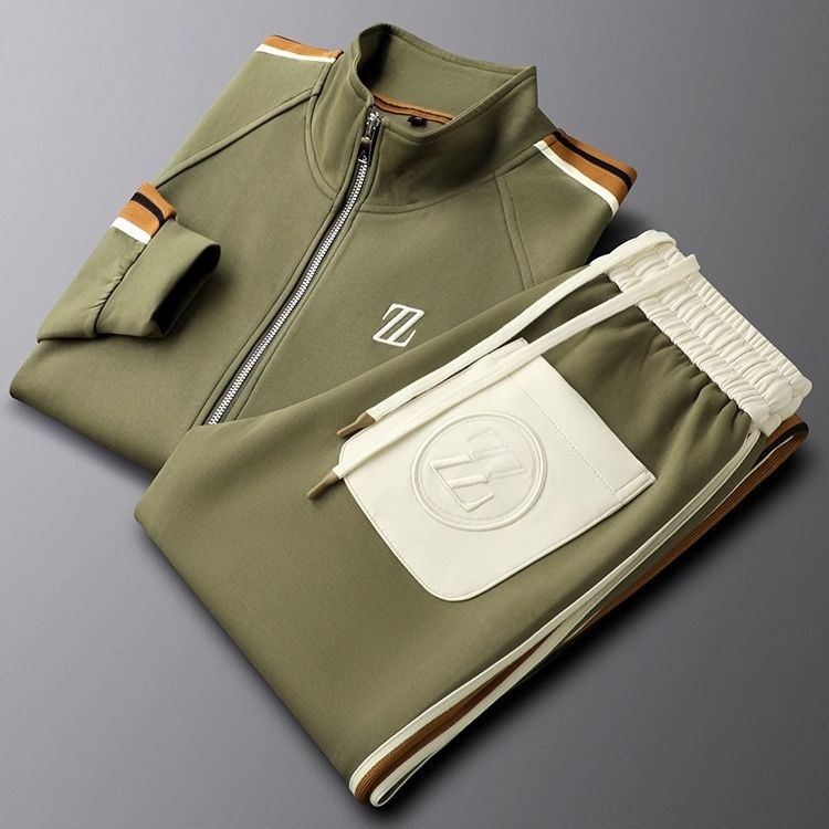 Men's two-piece zip hoodie tracksuit set in olive — alternate view