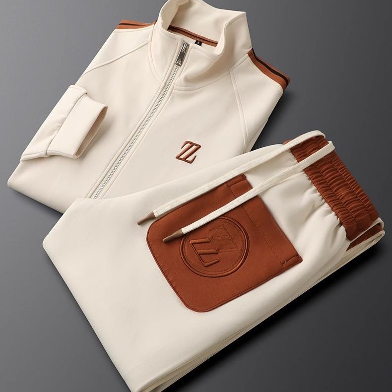 Men's two-piece zip hoodie tracksuit set in cream — detail view