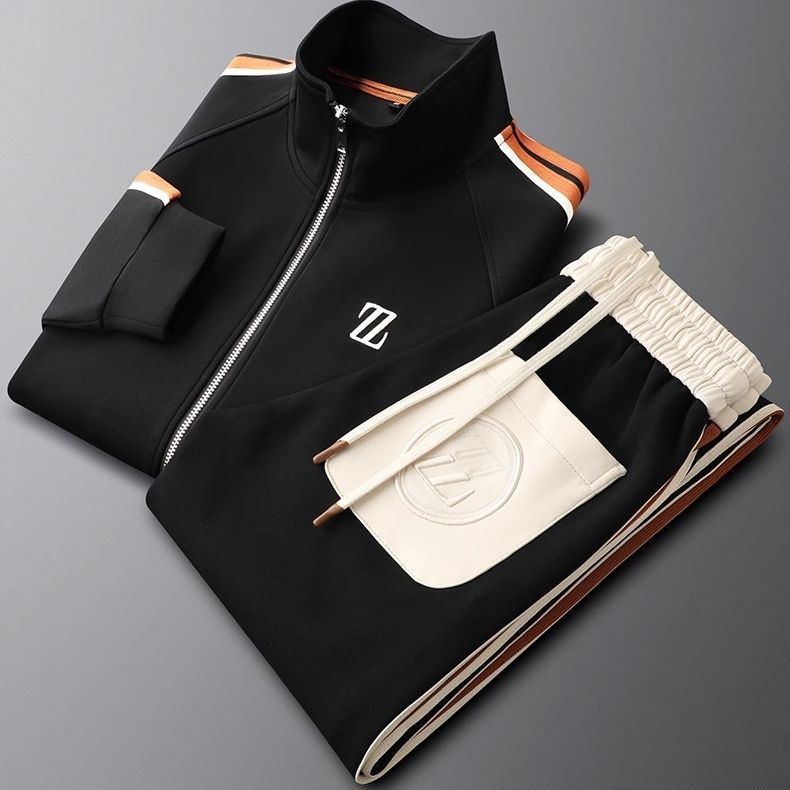 Men's two-piece zip hoodie tracksuit set in black — additional view