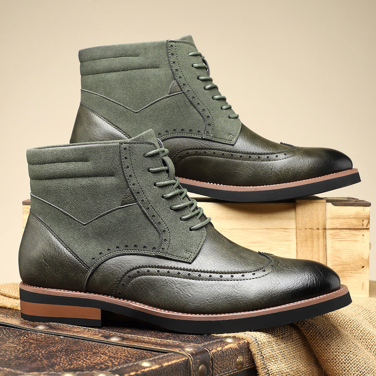 Men's leather suede brogue boots — detail view