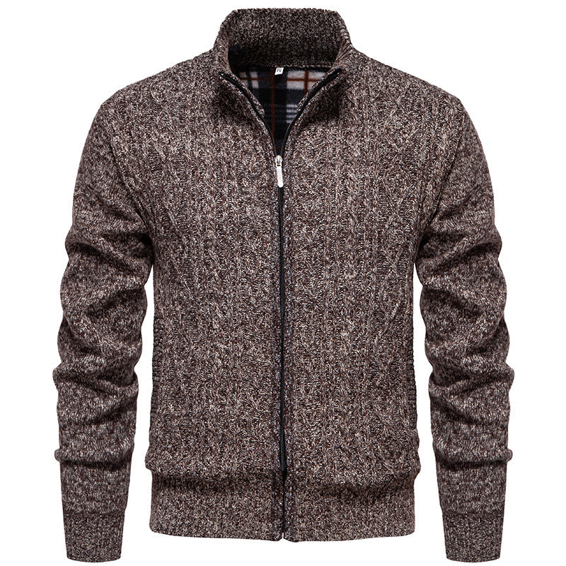 Men's chunky cable stand-collar cardigan in coffee brown — additional view