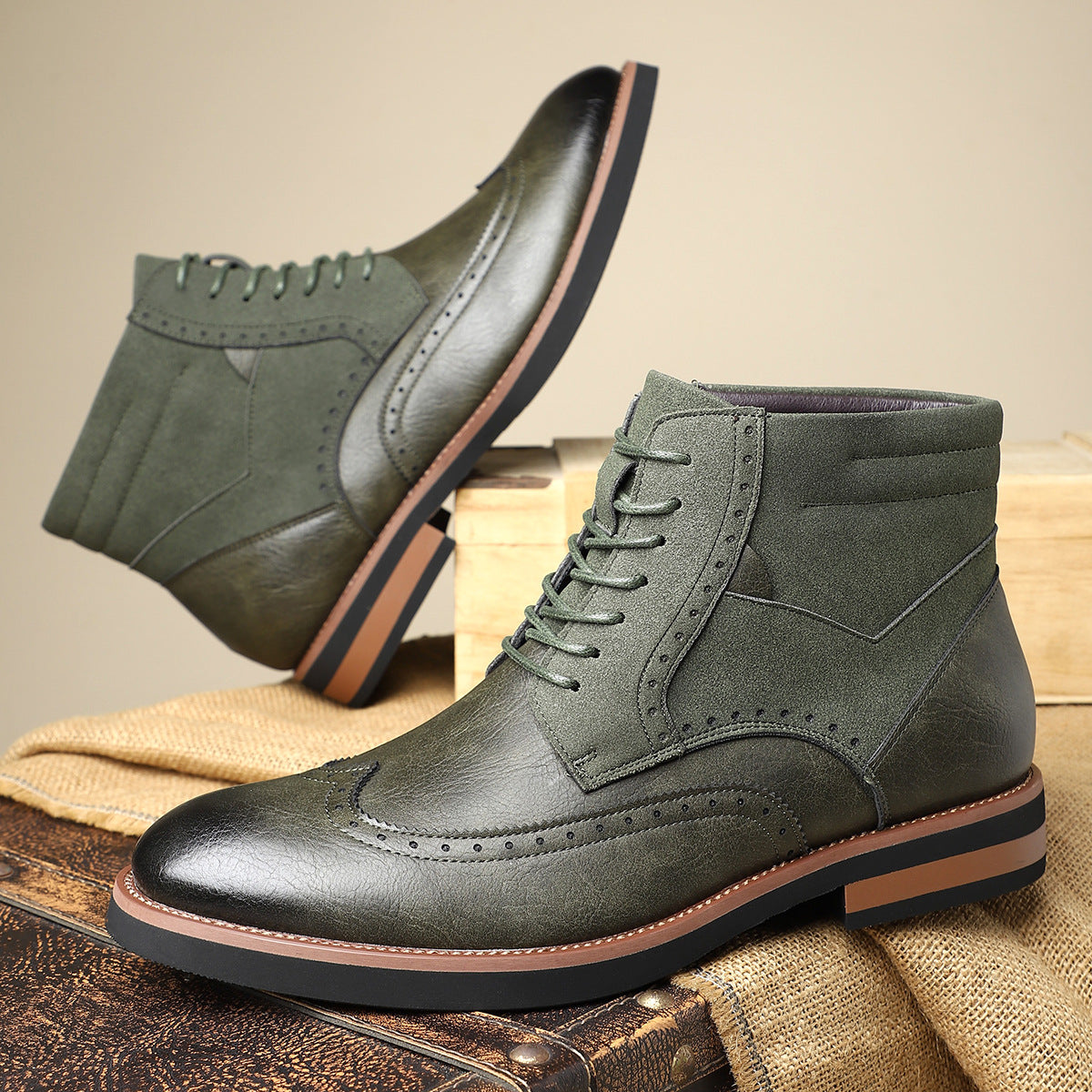 Men's leather suede brogue boots in sage green