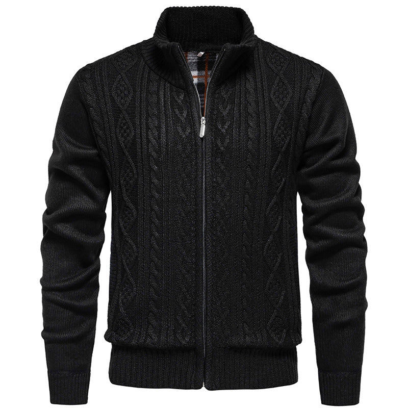 Men's chunky cable stand-collar cardigan in black — additional view