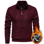 Men's chunky cable stand-collar cardigan — detail view
