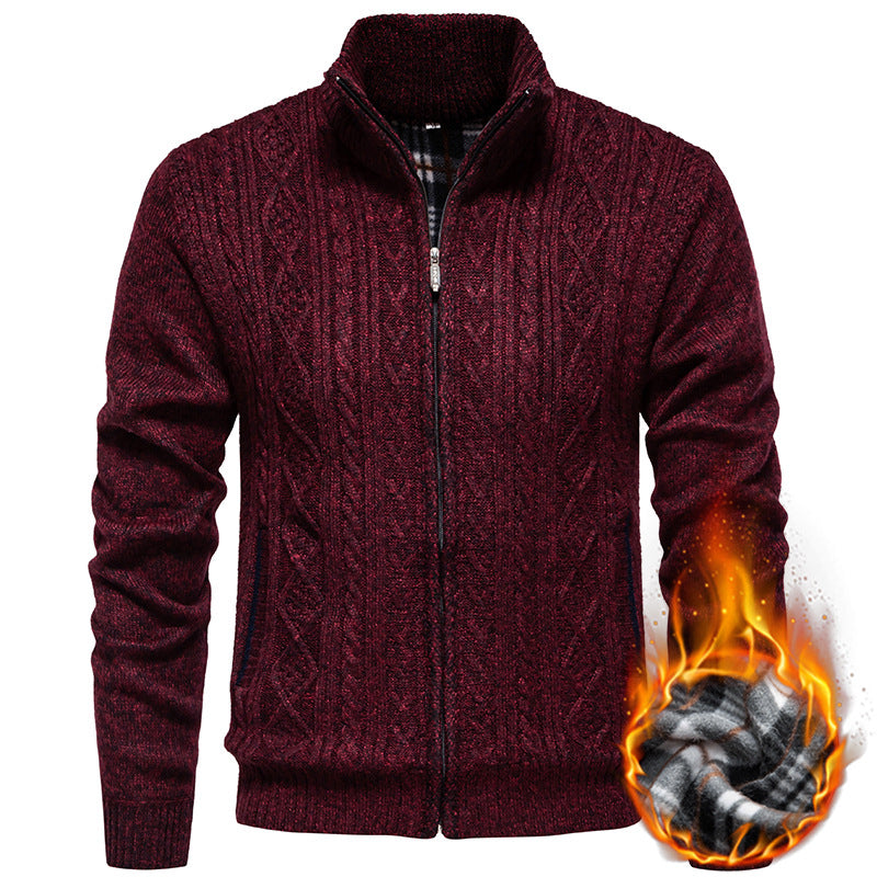 Men's chunky cable stand-collar cardigan — detail view