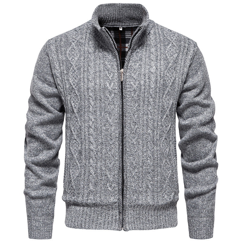 Men's chunky cable stand-collar cardigan in light gray — additional view