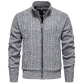 Men's chunky cable stand-collar cardigan in light gray — additional view