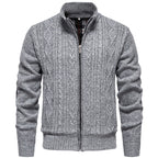 Men's chunky cable stand-collar cardigan in light gray — additional view