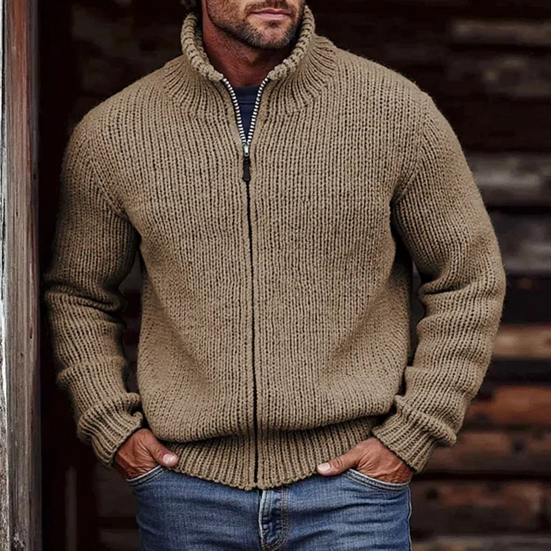 Men's chunky stand-collar cardigan in khaki