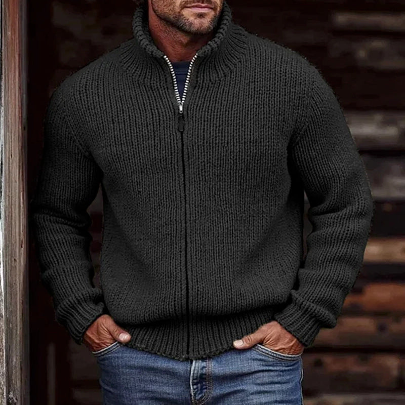 Men's chunky stand-collar cardigan in black — additional view