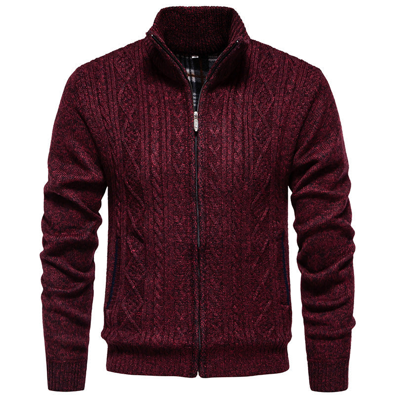 Men's chunky cable stand-collar cardigan in wine red — additional view