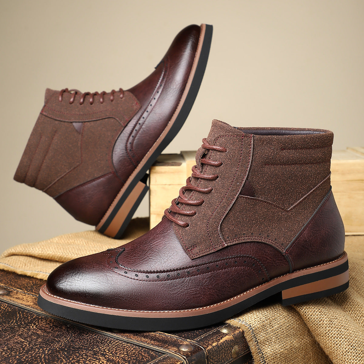 Men's leather suede brogue boots in chestnut brown — additional view