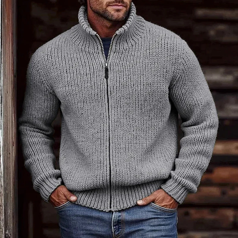 Men's chunky stand-collar cardigan in gray — alternate view