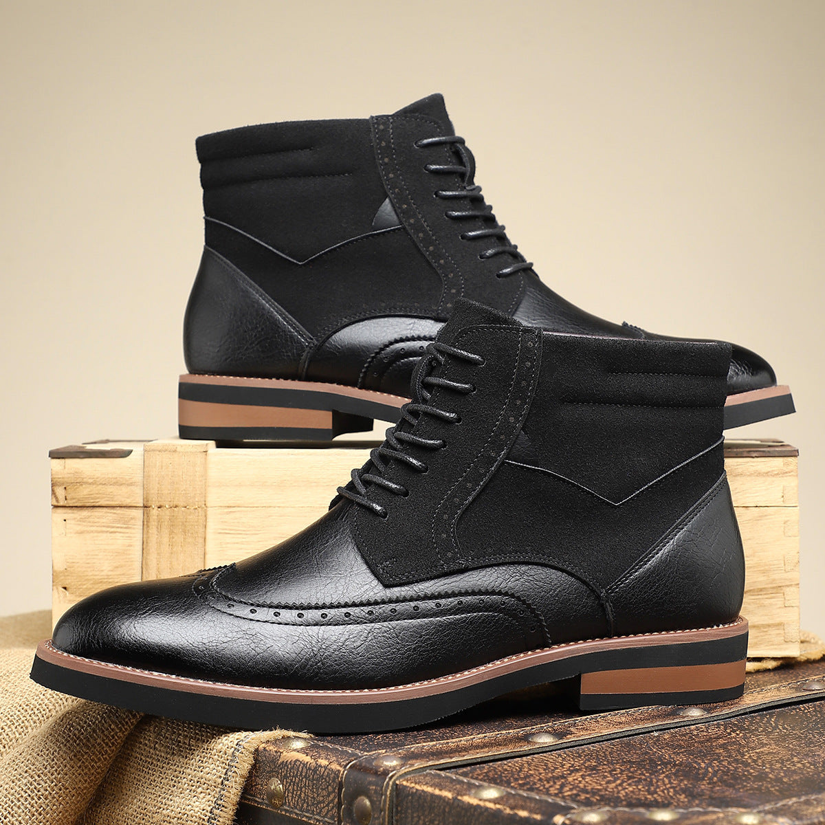 Men's leather suede brogue boots in midnight black — additional view