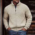 Men's chunky stand-collar cardigan in white — detail view
