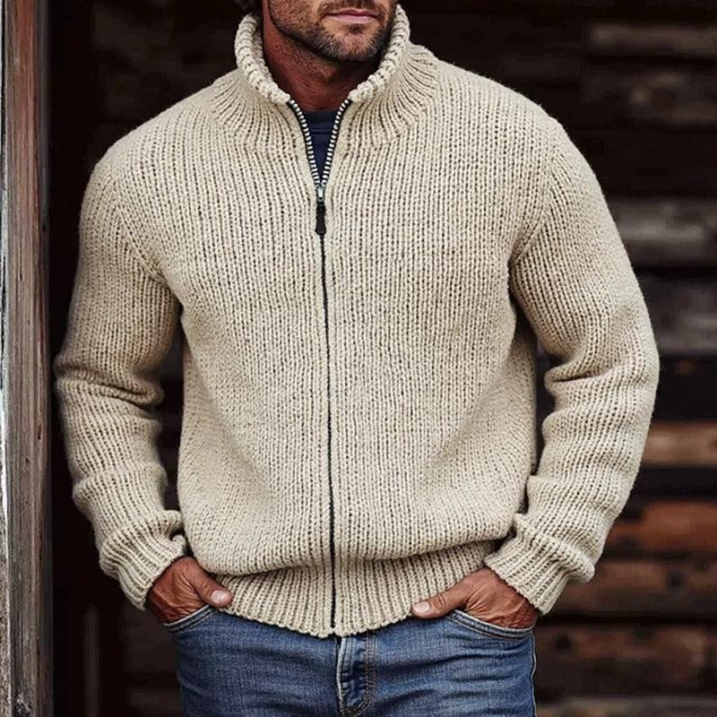 Men's chunky stand-collar cardigan in white — detail view