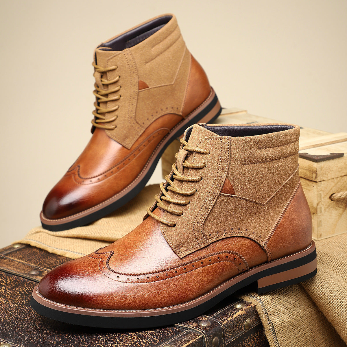 Men's leather suede brogue boots in whiskey brown — additional view