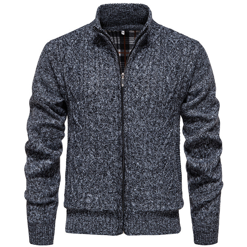 Men's chunky cable stand-collar cardigan in dark gray — additional view