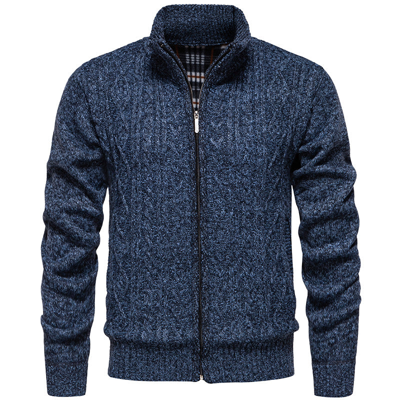 Men's chunky cable stand-collar cardigan in bluish gray — additional view