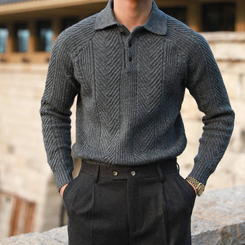 Men's relaxed-fit knit polo sweater in gray — additional view