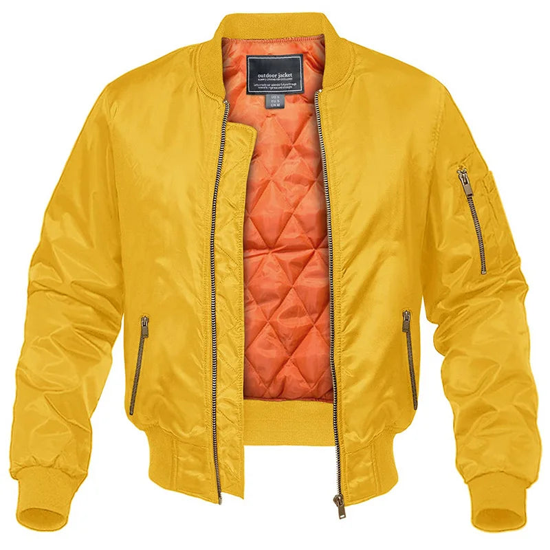 Men's padded harrington bomber jacket in yellow — detail view