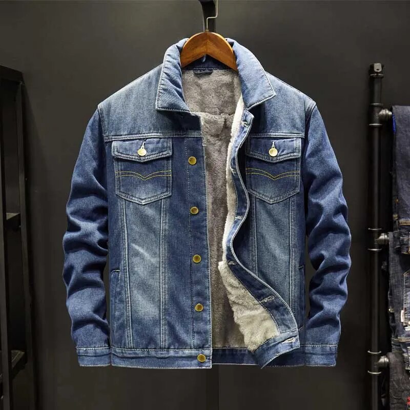 Men's fleece-lined vintage denim jacket in dark blue — detail view