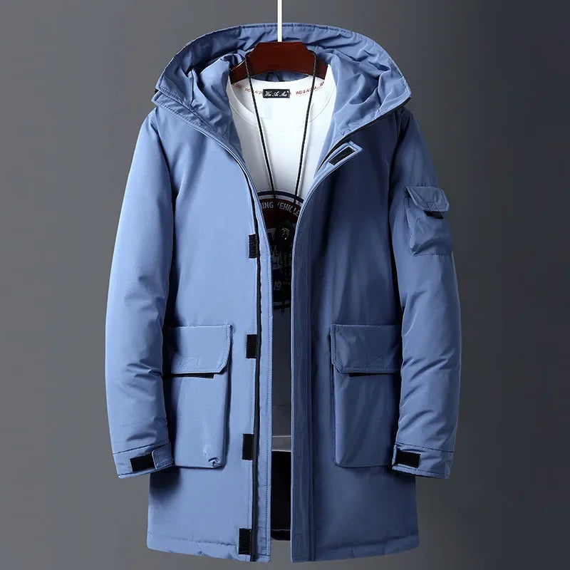 Men's insulated hooded winter parka in blue — detail view