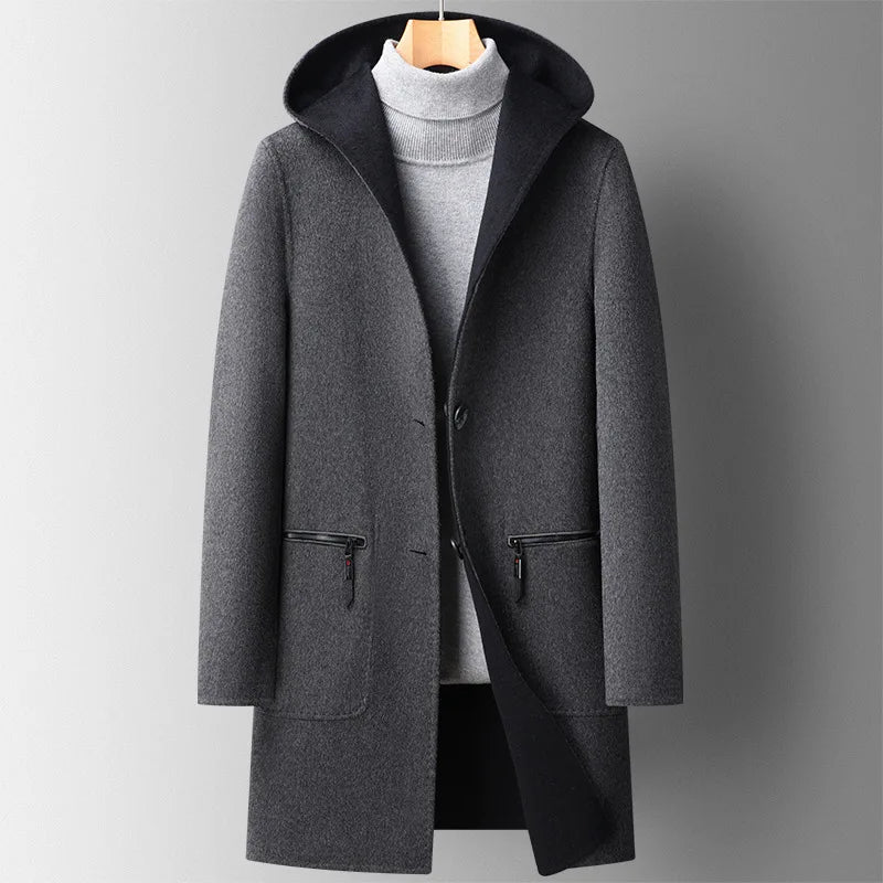 Men's wool blend hooded overcoat in gray — detail view