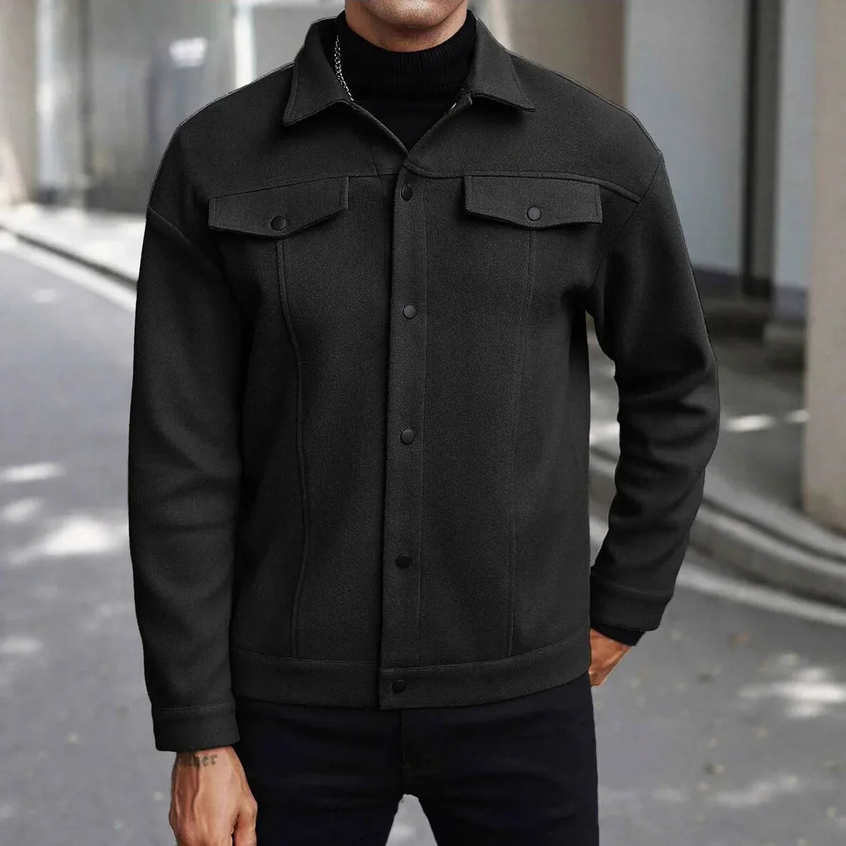 Men's wool button-up shirt jacket in black — additional view