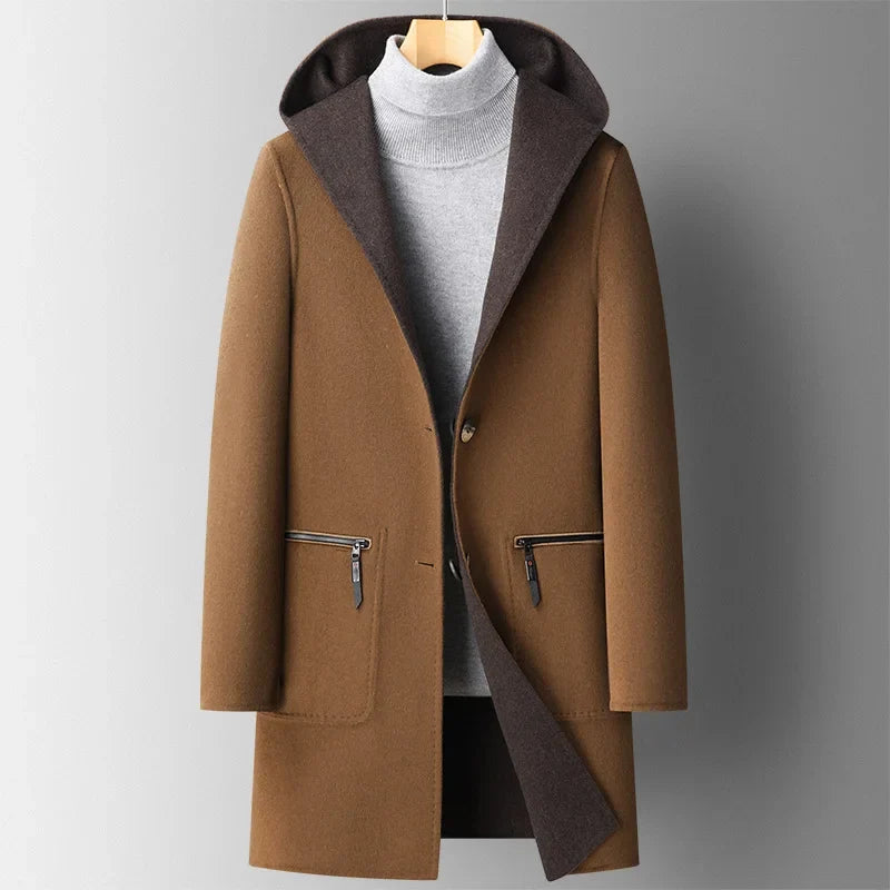 Men's wool blend hooded overcoat in caramel — alternate view