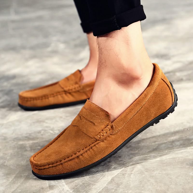 Men's suede penny loafers — detail view