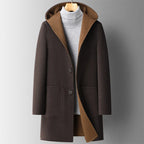 Men's wool blend hooded overcoat in coffee