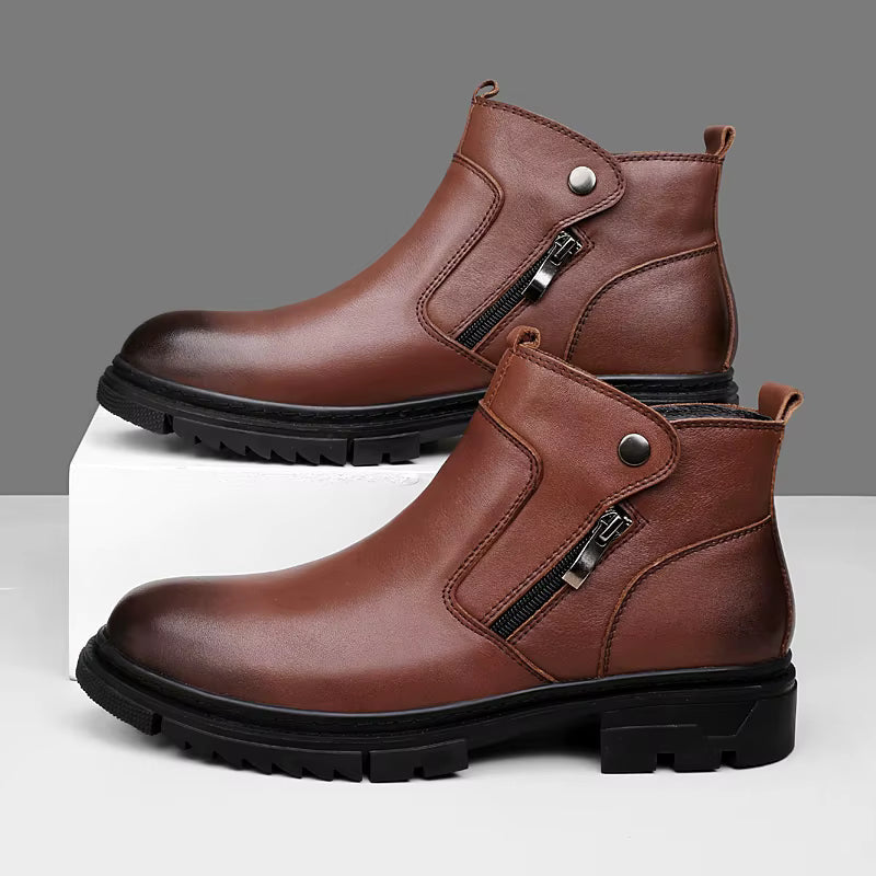 Men's side-zip leather boots in brown