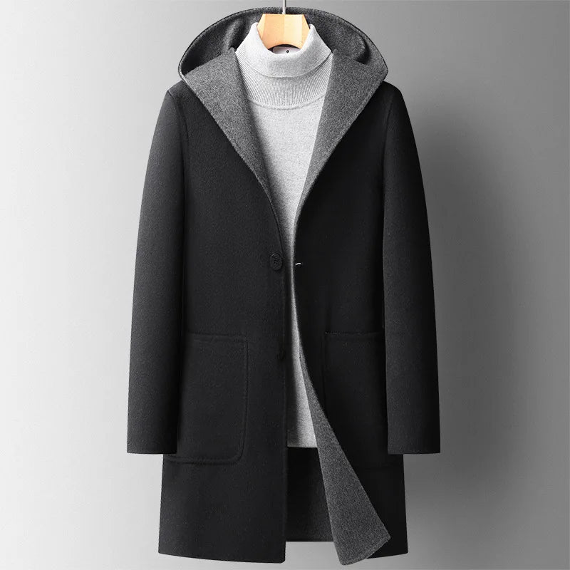 Men's wool blend hooded overcoat in black — additional view