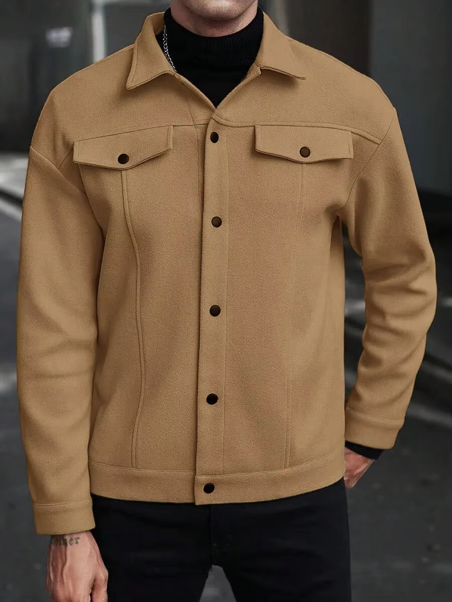 Men's wool button-up shirt jacket — detail view